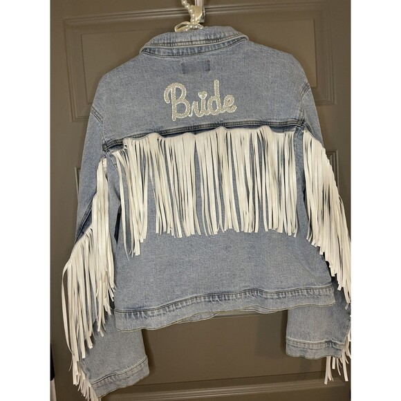 NewW tags BRIDE Denim L Jean Jacket fringe bachelorette party wedding honeymoon - Picture 10 of 14